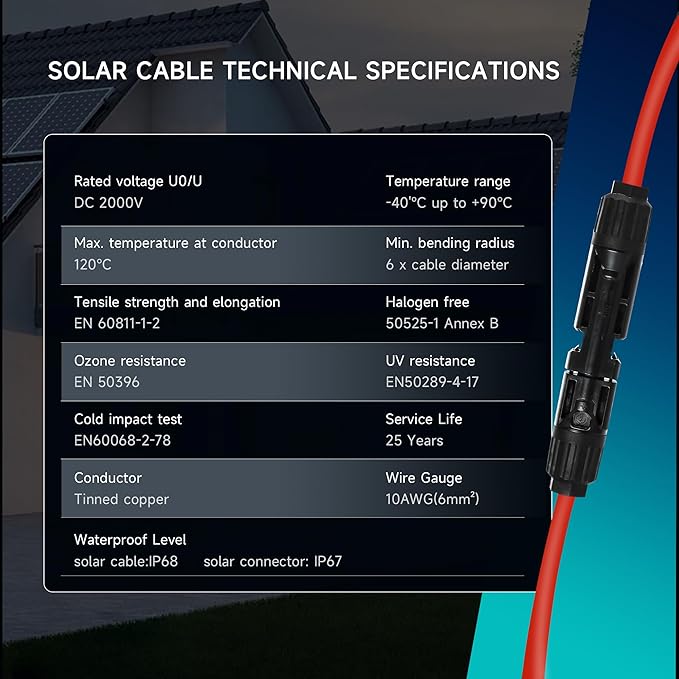 10AWG Solar Extension Cable 2*20 FT Solar Panel Cable with Female and Male Waterproof ConnectorsPV Panel Extension Wire 6mm²for PV Panels Controllers Off-Grid Systems(20FT Red + 20FT Black)