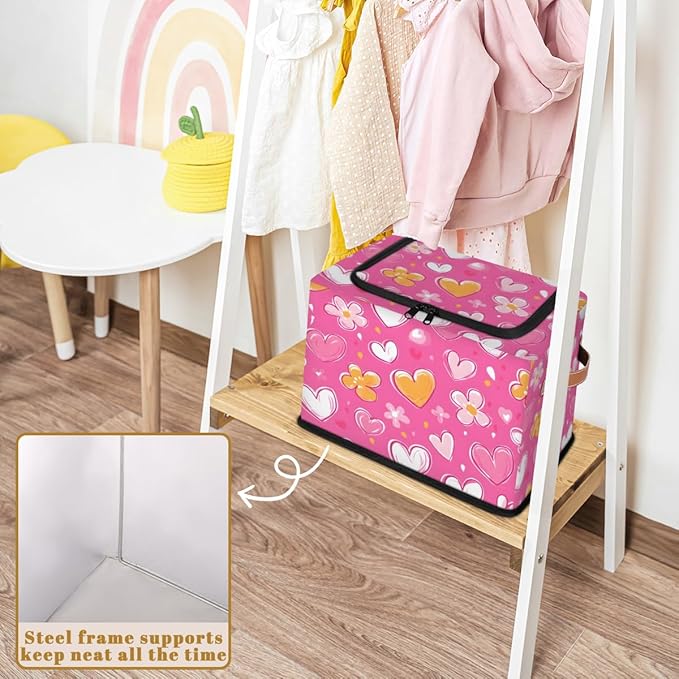 Love Heart Storage Bins with Zipper Lid Pink Yellow Fabric Lidded Storage Baskets Cubes with Handles Decorative Foldable Shelf Closet Organizer Container