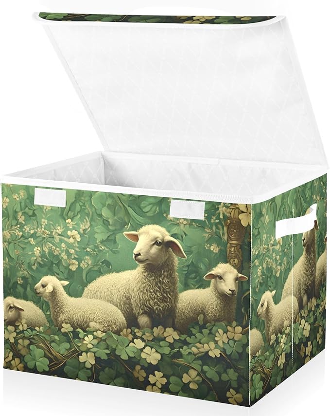 Storage Cube with Lid Green Leaves Sheep Print 16.5×12.6×11.8 IN Collapsible Large Capacity Foldable Storage Basket Bin Organizer