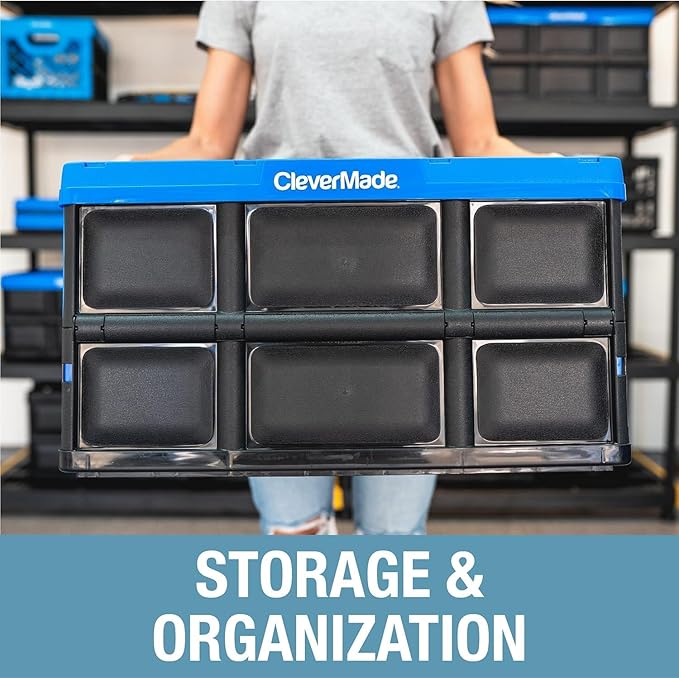 CleverMade Collapsible Storage Bins 46L (3-Pack) – Heavy Duty Collapsible Plastic Storage Bins Stackable Folding Storage Bins for Car Garage Home Organization - Foldable Bins Stone