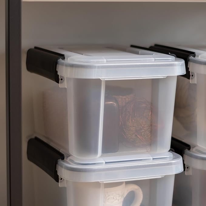 IRIS USA WeatherPro 6 Qt Storage Bins with Lids 6 Pack BPA-Free Plastic Gasket Box with Tight Latch and Seal Stackable Nestable Tote Tub - Clear/Black