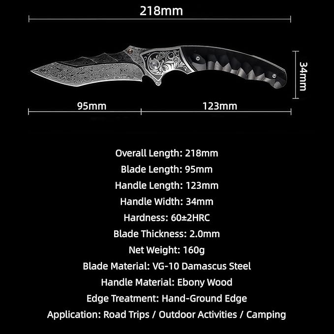 Damascus Steel Folding Knife Personalized Engraving Outdoor Gear Damascus Hunting Knife with Leather Sheath HRC 60 Knives Men Gifts Gifts for Hunters Men who have Everything