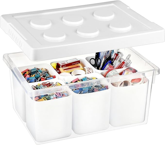 loobuu Plastic Storage Bins with Lids Art Craft Supply Organizer Box with Brush Pot Multipurpose Stackable Storage Containers for Organizing Tool Craft CrayonSewing(White)