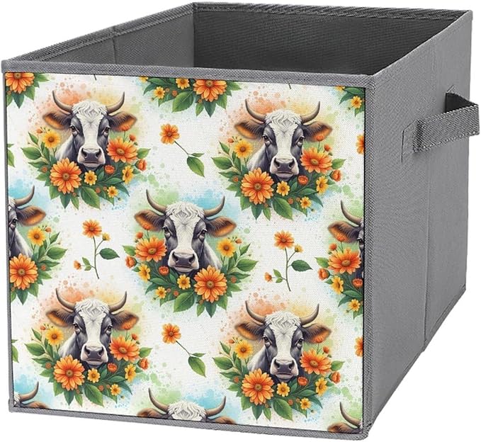 Collapsible Storage Bins with Handles Cute Highland Cow Foldable Cube Organizer Box for Closet Shelf Toy Storage Space-Saving Home &amp Office Decor