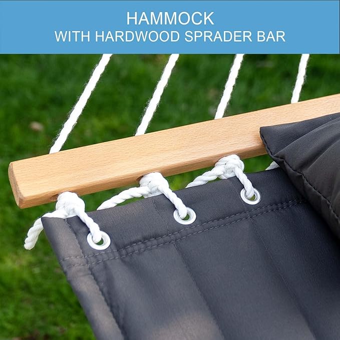 Lazy Daze Hammocks 12 FT Double Quilted Fabric Hammock with Spreader Bar and Detachable Pillow 2 Person Double for Outside Patio Poolside Backyard Beach 450lbs Capacity Gray
