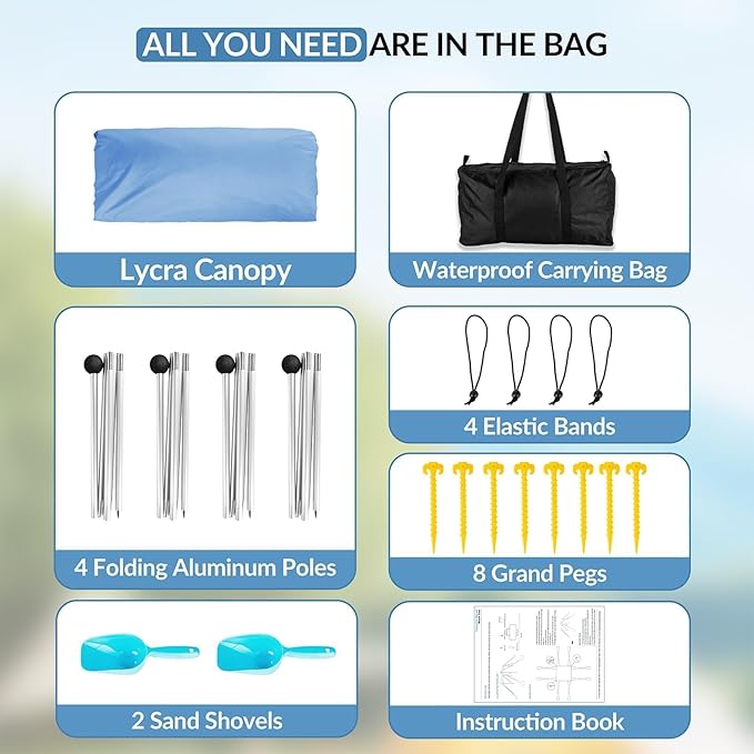 Gardentime Beach Tent Canopy with 8 Sandbags 4 Aluminum Poles Pop Up Portable Camping Sun Shelter Easy Set Up with 2 Sand Shovel Ground Pegs Carrying Bag for Outdoor BeachPicnic Fishing