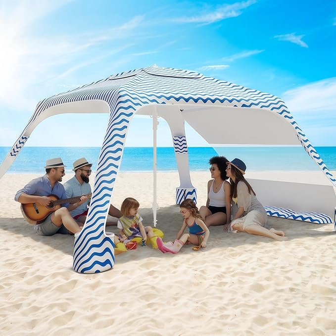 Beach Cabana 6.5'×6.5' Beach Canopy with UPF50+ Protection Beach Tent Sun Shelter Sun Umbrella with Removable Side Wall Portable Shade Sun Shelter for Beach Garden Camping (Wave Pattern)