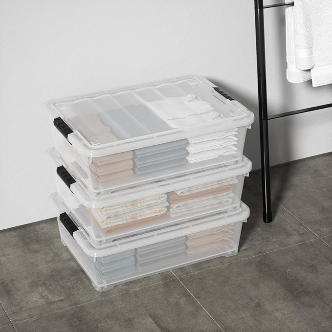 25 Quart Clear Underbed Storage Bins with Wheels Stackable Plastic Latching Bin with Lid 4 Packs