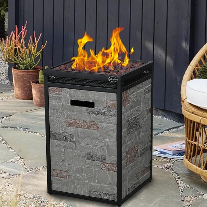 Afterglow Terrafab Grey Panels with Steel Frame 16 Square 40000 Btu Propane Fire Column Outdoor Wood Effect Fire Pit for Outdoor Patio Garden Backyard Decking Decor CSA Certificated