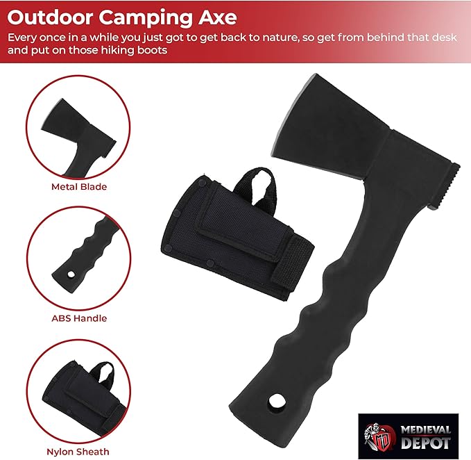 MedievalDepot Outdoor Camping Axe – Compact Full Tang Blade with Hammer Pommel Sheath Included (Black)