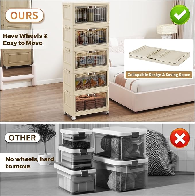 5 Tier - 48QT Storage Bins with Lids Collapsible Storage Bins with Doors and Wheels Plastic Storage Cabinet for Easy Storage and Organization for Living Room Office