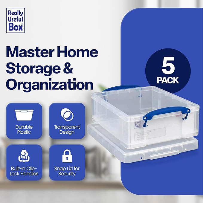 Really Useful Box Stackable 8.1 Liter Plastic Storage Container Bin with Snap Lid &amp Built-In Clip Lock Handles for Home &amp Office Organization (5 Pack)