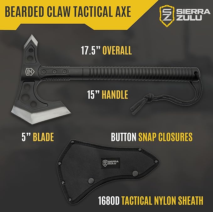 Sierra Zulu Camping Axe - Tactical Survival Hatchet with Bearded Axe Head Nylon Sheath &amp Glass Fiber Handle - Full Tang Outdoor Bushcraft Tool for Camping Hiking and Chopping Tasks
