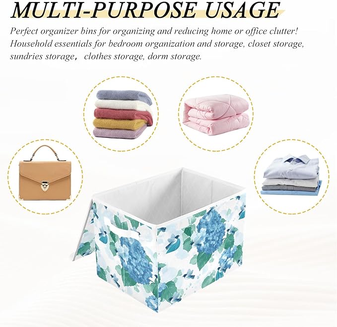 ALAZA Hydrangea Flower Bird Storage Bins Organizer Box Baskets Lidded Clothes for Shelves Closet Collapsible Stackable Storage Cubes Handles