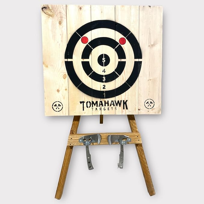 Tomahawk Targets - Large 4 Ring Wooden Axe and Knife Throwing Tripod Target Board and Stand 4ft Tall (Axes not Included)