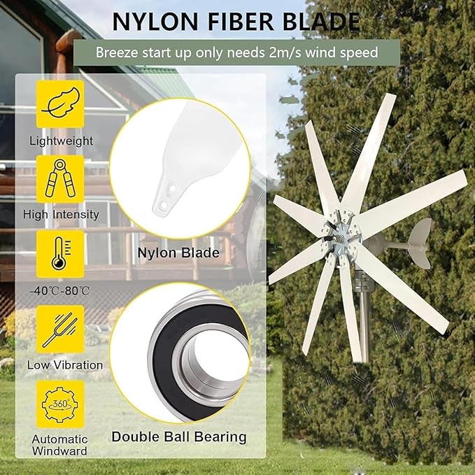 Wind Turbine Generator 14000W Wind Turbine Generator Kit 12V 24V 48V 8Blades with MPPT ControllerAuto Adjust Windward Direction for Marine/Household/Hybrid Solar Wind Power System¡­(48v With Controll