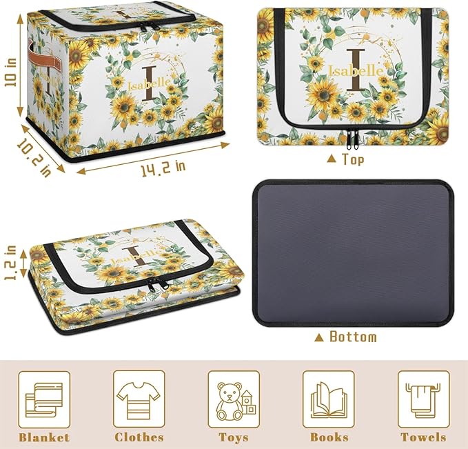 Personalized Sunflower Initials Storage Bins with Zipper Lid Custom Fabric Storage Boxes Foldable Closet Organizers Cubes for Clothes Shelves Home Decorative 2PCS Summer Flower