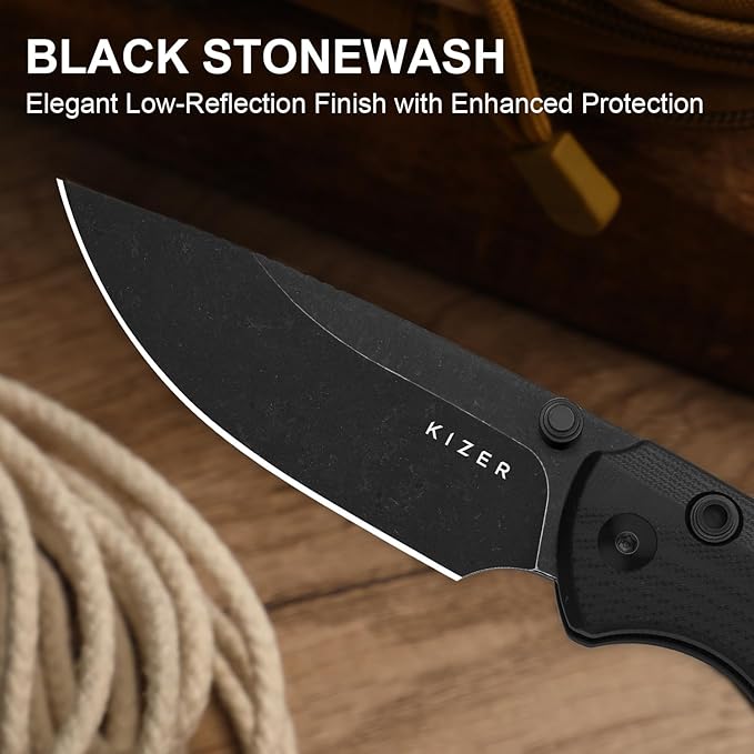 Kizer T1 BD EDC Pocket Knife 3.2 D2 Steel Drop Point Folding Knives with Black G10 Handle Thumb Stud Opener Button Liner Lock for Camping Hiking Fishing V3490.2BM1