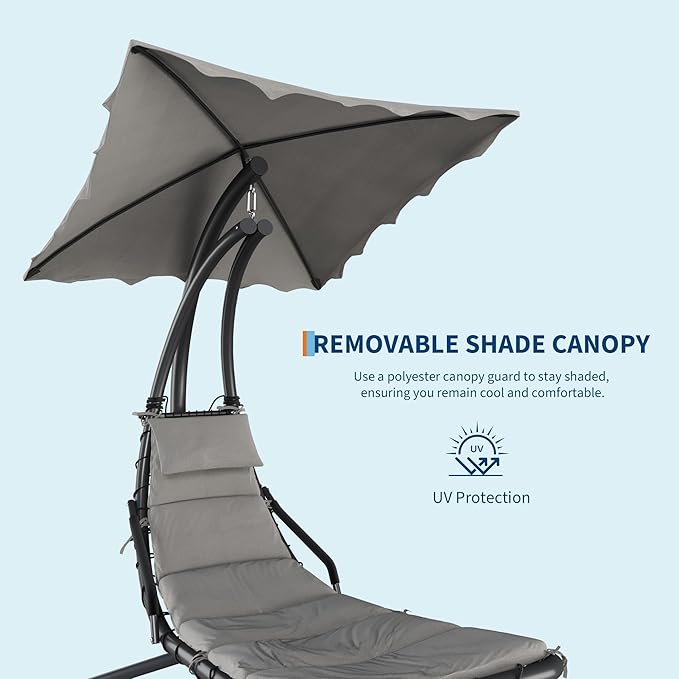 GarveeLife Chaise Lounger Swing Chair with Umbrella Canopy Patio Hanging Chaise Lounger Chair with Stand Curved Steel Outdoor Lounge Chairs for Indoor Patio Pool Garden Backyard Porch