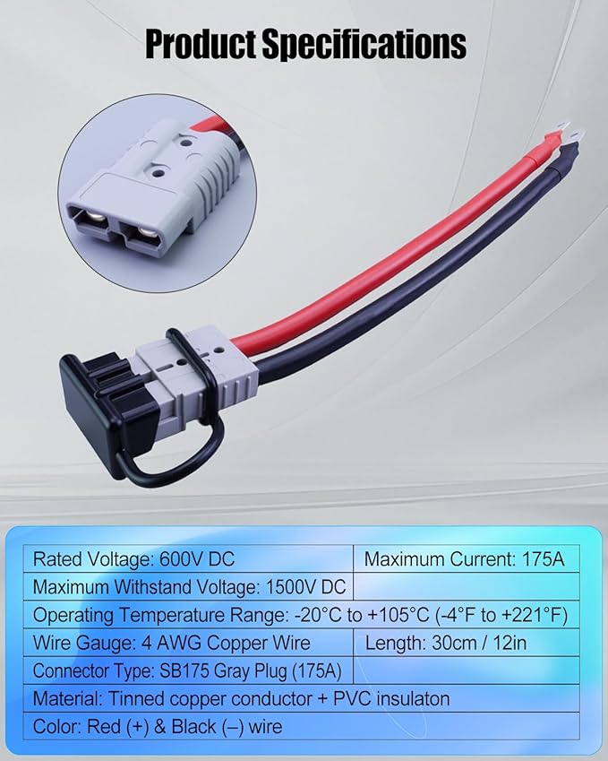 175A 4AWG Battery Connector Cable Fit for Andersons Plug Extension Cable Forklift 30cm 4 Gauge Quick Connect Disconnect Wire Harness with Ends Lug and Waterproof Cap
