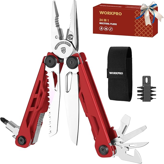 WORKPRO 24-in-1 Mutitool Stainless Steel Multitool Pliers with Pocket Knife and Screwdrivers EDC Self-locking Multi Tool with Sheath Belt Clip for Outdoor Activities Gifts for Men Red