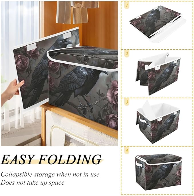 Raven Rose Gothic Red Collapsible Storage Bins with Lids &amp Handles Foldable Storage Boxes Basket with Flip-Top Lid for Home Office 16.5” x 12.6” x 11.8”