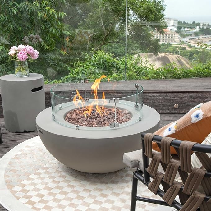 Roca Fire Table Outdoor Fire Pit 34 x 34 Cast Concrete Round Firepit Includes Lava Rocks 45000 BTUs Outdoor Fireplace for Patio Furniture Set Deck Porch Outdoor Heater - Natural Gas