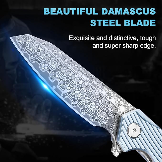 Zingbee Damascus Pocket Knife 3.46 Damascus Steel Blade EDC Pocket Knives &amp Folding Knives for Men Women Blue Non-Slip Handle