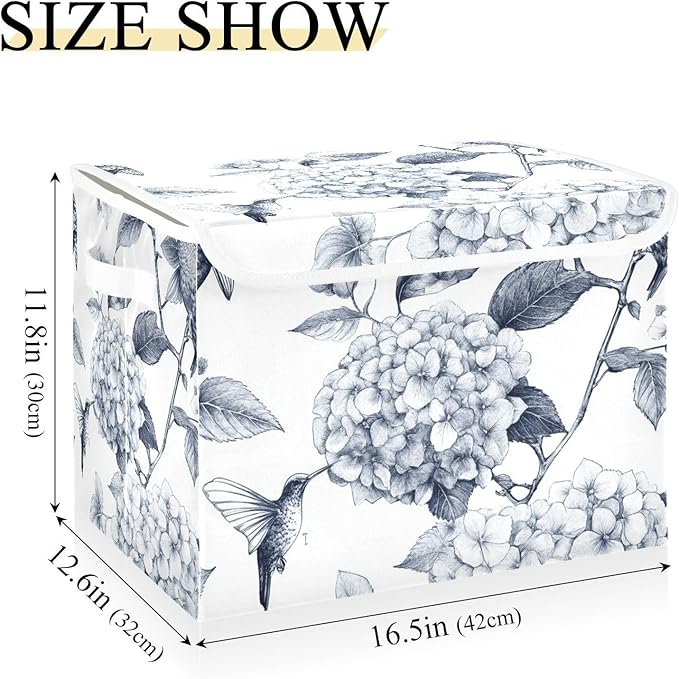 Collapsible Storage Bins with Lids Decorative Fabric Storage Cubes Closet Organizer and Storage Basket Boxes Containers for Clothes Box Chest Nursery Folding Rectangle Ink Blue Hydrangea Humm