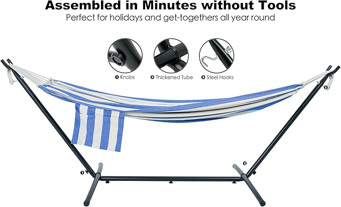GAFETE Double Hammock with Stand for Outside Upgraded Spreader Bar Heavy Duty Space Saving Steel Stand 2 Person Convenient Pockets 600lbs Weight Capacity Indoor &amp Outdoor (Blue &amp White)