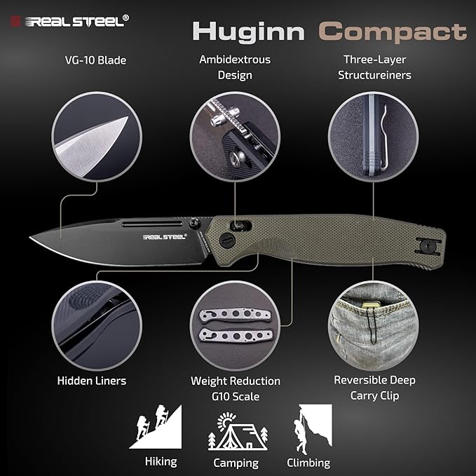 REALSTEEL Huginn Compact Folding Pocket Knife Crossbar Lock 3.15'' VG-10 Steel Blade Thumb Stud G10/Micarta Handle Lightweight Knife with Reversible Deep Carry Clip for Men and Women EDC Gift fo