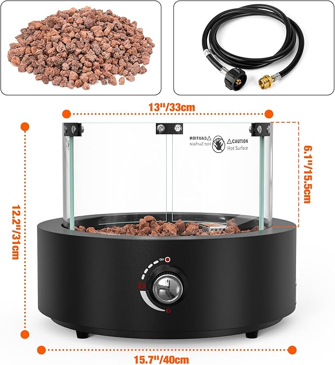 ONLYFIRE OUTDOOR LIVING 15.7 Portable Propane Gas Fire Pit Side-Mounted Modern Tabletop Fireplace Smokeless Firepit with Glass Wind Guard for Patio Camping RV Tailgating 23000BTU Round FP038