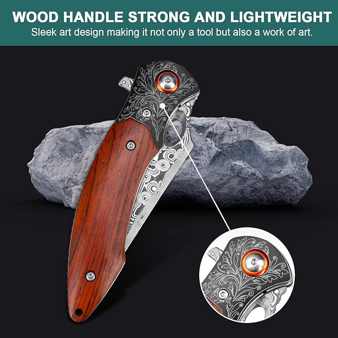 Zingbee Damascus Pocket Knife 3.27” Damascus Blade EDC Folding Knives with Guibourtia Wooden Handle Christmas Ideal for Utility Gift