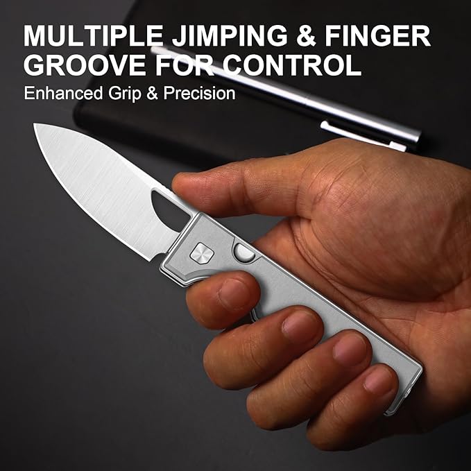 Kizer Little Ringbo Pocket Knife 2.95 AEB-L Steel Drop Point Folding Knife with Gray Aluminum Handle Thumb Hole Opener Button Liner Lock EDC knives for Camping Hiking V3708A1