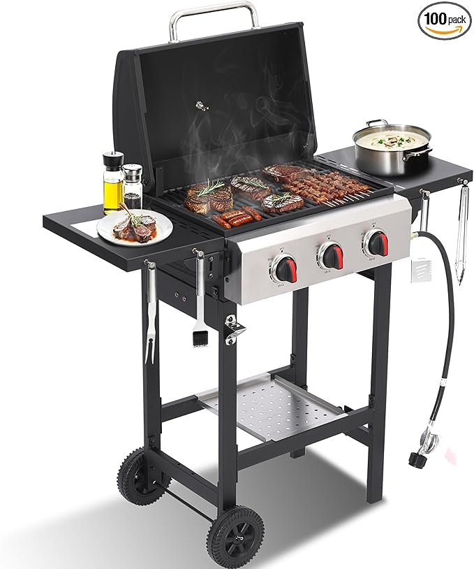 3-Burner Propane Gas Grill with Cast Iron Grate - 30000 BTU Output &amp Easy-Clean Grease Management for Perfect BBQs (3-Burner)