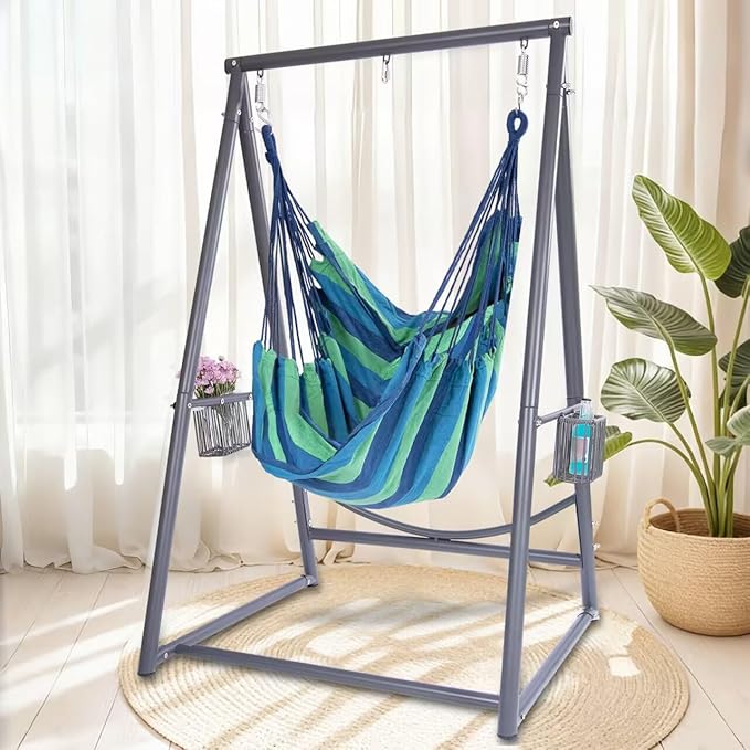 YOXIFOC Reinforced Base &amp Triangular Structure Hammock Stand with 2 Storage Baskets Swing Stand with 3 Hooks Fit for Most Hanging Chair for Oudoor&ampIndoor (with Chair) (Gray)
