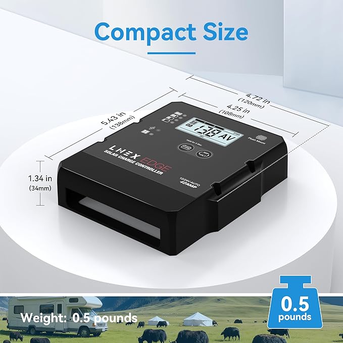 LNEX Solar Charge Controller with Flush Mount Design 6 Stage Charging with LCD Display 12V/24V Auto PWM Controller 40A for LiFePO4 AGM Gel Flooded and Lithium Battery