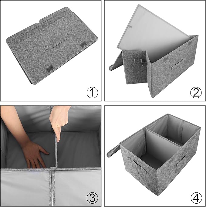 2 Pack Large Storage Boxes with Lids and Handles Collapsible Linen Storage Bins Organizer Containers Baskets Cube with Removable Divider for Home Bedroom Closet Office (Khaki Large)