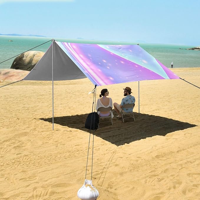 xigua Purple Texture Beach Tent Sun Shelter with Carrying Bag - Silver Coated Oxford Fabric Beach Canopy for Beach Camping Fishing - Includes Windproof Ropes Sandbags &amp Stakes