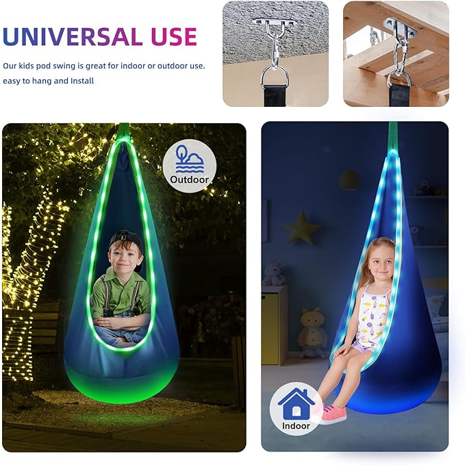 Light Up Swing Chair Hammock Chair Indoor Outdoor for Kids Pod with LED Lights Soft and Safe 176 lb. Load Capacity Easy Installation Perfect for Bedroom Garden and Playroom (Blue)