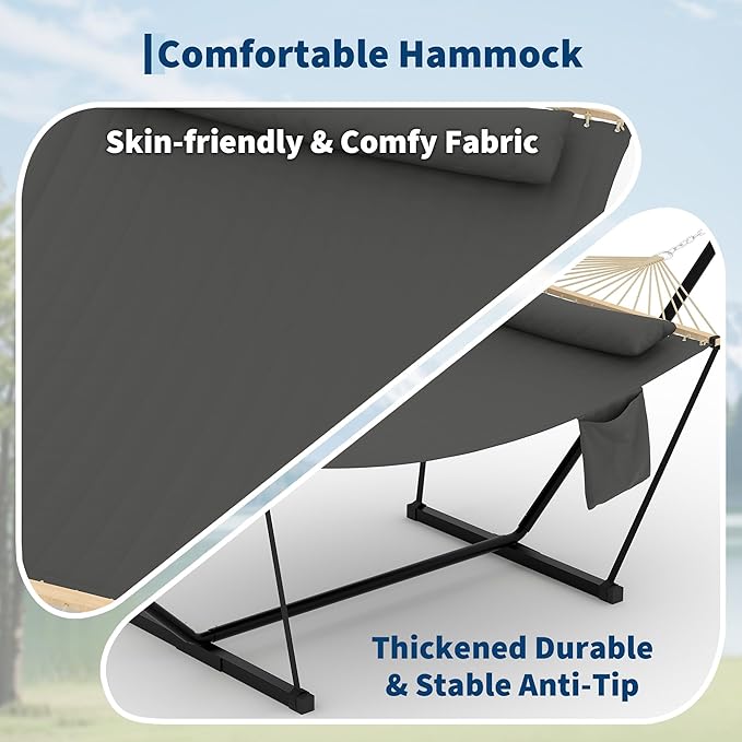 Double Hammock with Stand - Heavy Duty Portable 2 Person Design with Adjustable Steel Stand Max 450LBS Ideal for Outdoor Patio Garden Beach &amp Backyard