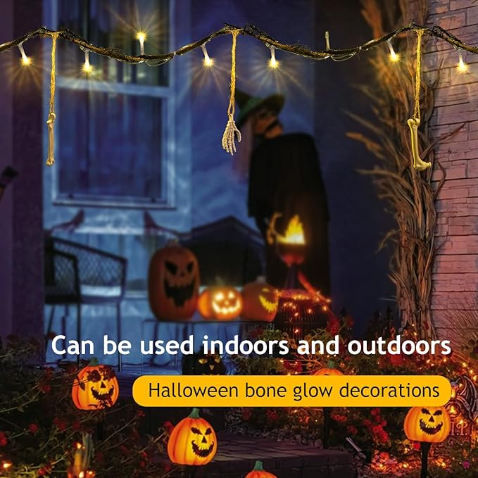 Halloween Indoor Outdoor 6FT Lights Decor 26LED Hanging Skeleton Skull Bones String Lights Battery Operated Spooky Halloween Wreath Door Patio Party Decoration