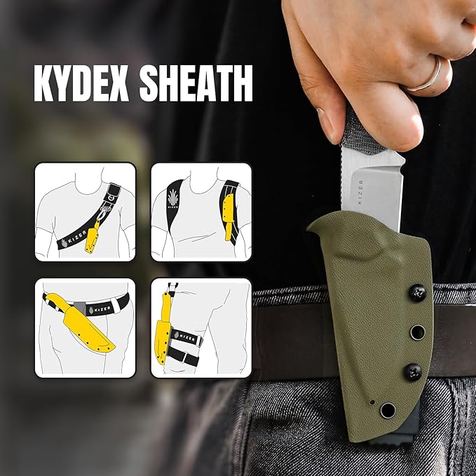 Kizer Beaver Fixed Blade Knife with Sheath 2.75 Nitro-V Steel Blade EDC Camping Knife with Black Micarta and Orange G10 Handle Small Bushcraft Survival Hunting Knives for Men Women 1078A2