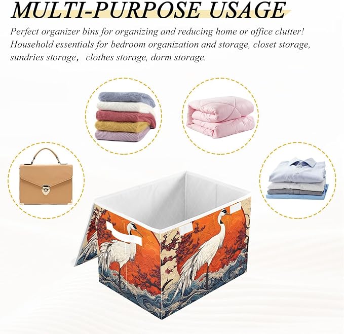 Collapsible Storage Bins Crane Waves Cherry with Lids &amp Handles Foldable Storage Boxes Basket with Flip-Top Lid for Home Office 16.5” x 12.6” x 11.8”