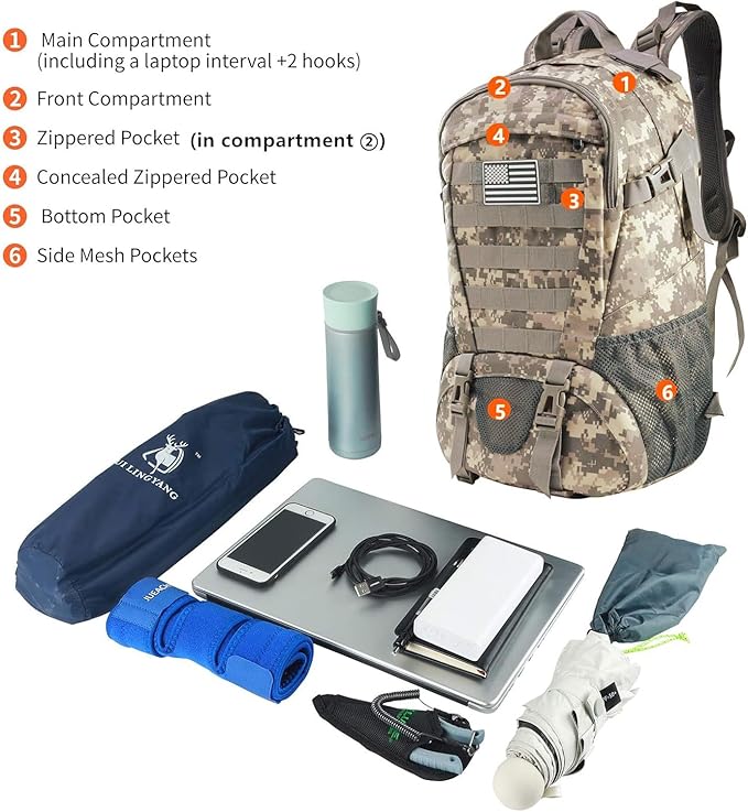 Jueachy Tactical Backpack for Men Hiking Day Pack Molle Military Rucksack Waterproof 30L EDC Bag with USA Flag Patch