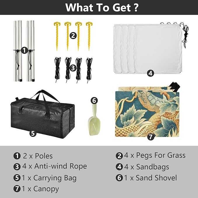 Golden Dragon Flying Peony Cloud Beach Tent Sun Shelter Set UPF50+ UV Protection 10.5 x 9.19 FT Camping Shade Canopy with Sandbags Sand Anchors Carrying Bag and Others