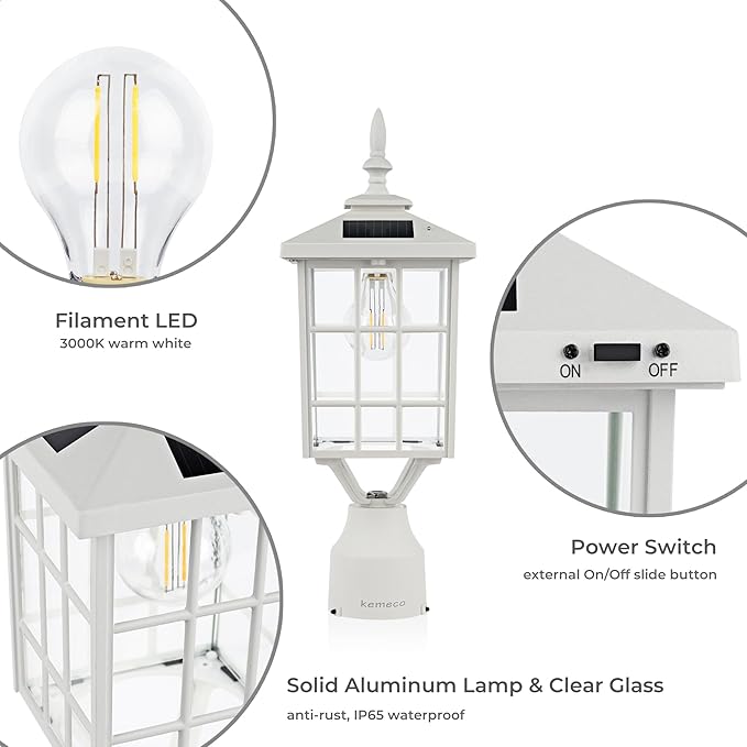 Kemeco ST4224Q-W Solar Post Light Outdoor Led Squared Frame Fixture with 3 Pier Mount Base for Garden Street Pole Landscape Yard Driveway Entryways (White)