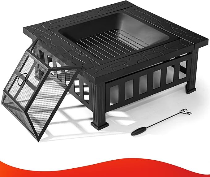 SINGLYFIRE 32 Inch Fire Pit Table for Outside Square Metal Firepit Outdoor Wood Burning Large Steel Bonfire Pit for Patio Backyard Garden with Spark ScreenLog GratePoker
