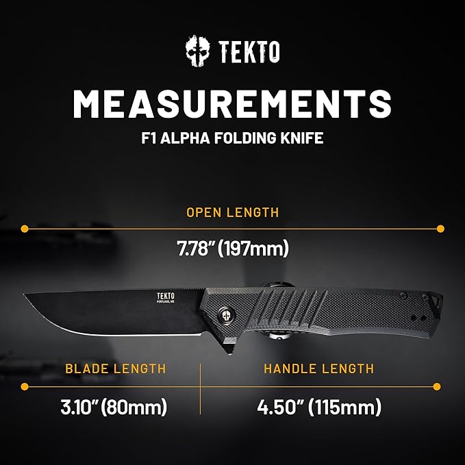TEKTO F1 Alpha Folding Pocket Knife - Modified Straight Back Blade Titanium Coated D2 Steel Ideal for Outdoor Camping and Backpacking Tactical G10 Black Handle Black Titanium Accents