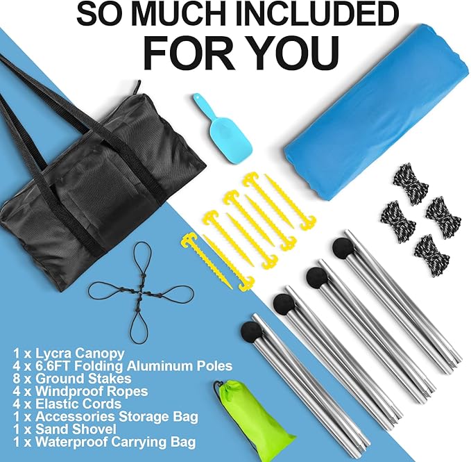 Buheco Beach Tent Pop Up Shade 7x7.5ft Beach Canopy Sun Shelter UPF50+ with 4 Foldable Poles-Portable Carrying Bag-Sand Shovel-Ground Pegs-Windproof Ropes for Outdoor Family Camping-Fishing- Picnic